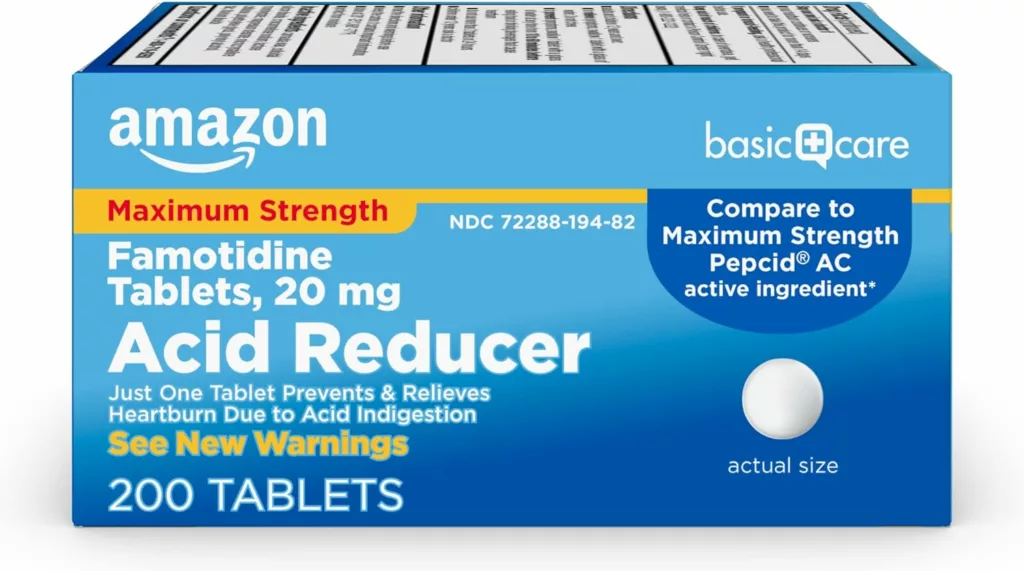 Amazon Basic Care Maximum Strength Famotidine Tablets 20 mg, Acid Reducer Pills for Heartburn Relief, 200 Count