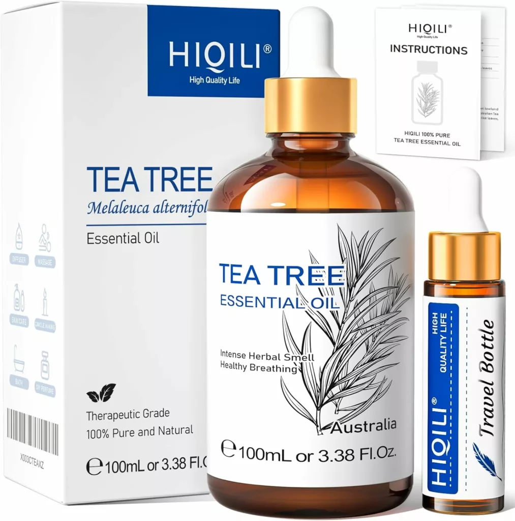 HIQILI Tea Tree Essential Oil (100 ML), 100% Pure for Toenail Fungus, Hair Damage, Add to Shampoo, Body Wash, Conditioner - 3.38 Fl Oz