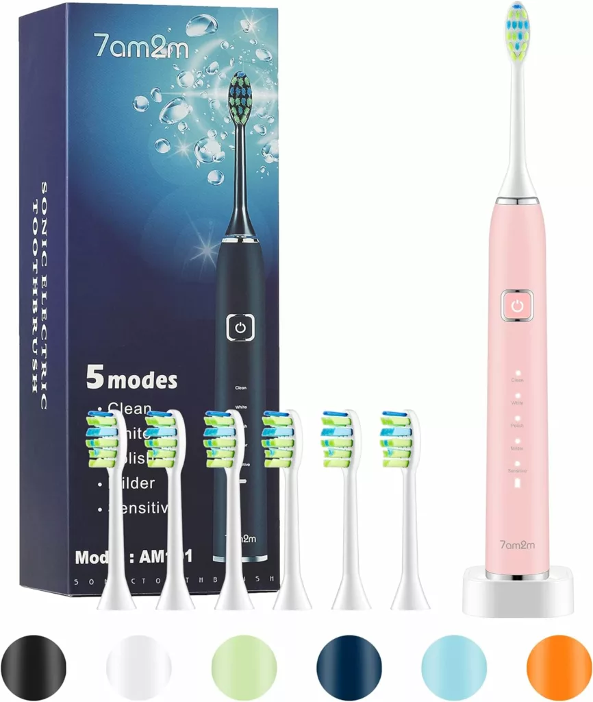 7AM2M Sonic Electric Toothbrush with 6 Brush Heads for Adults and Kids, One Charge for 90 Days, Wireless Fast Charge, 5 Modes with 2 Minutes Built in Smart Timer, Electric Toothbrushes(Pink)