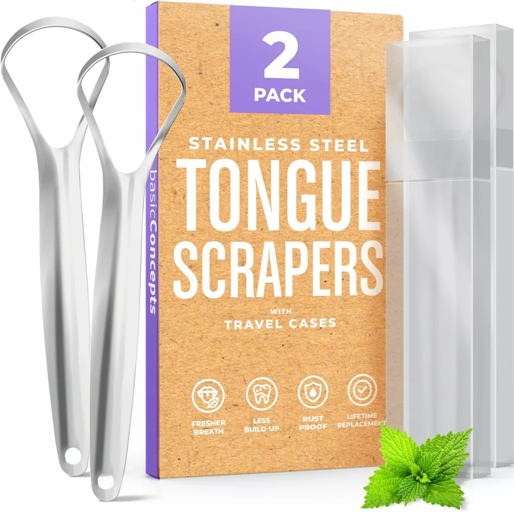 BASIC CONCEPTS Tongue Scraper for Adults (2 Pack), Reduce Bad Breath (Travel Cases Included), Stainless Steel Tongue Cleaners, 100% Metal Tongue Scraper with Case Fresh Breath Tongue Cleaner Oral