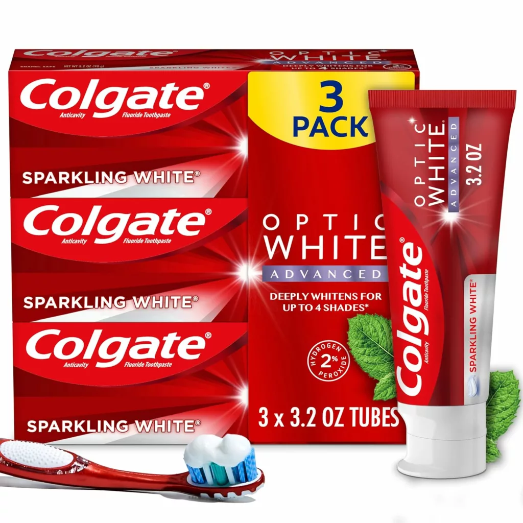 Colgate Optic White Advanced Teeth Whitening Toothpaste, 2% Hydrogen Peroxide Toothpaste, Sparkling White, 3.2 Oz, 3 Pack