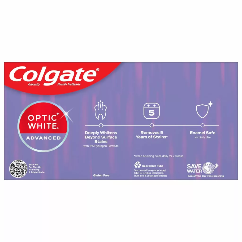 Colgate Optic White Advanced Teeth Whitening Toothpaste, 2% Hydrogen Peroxide Toothpaste, Sparkling White, 3.2 Oz, 3 Pack