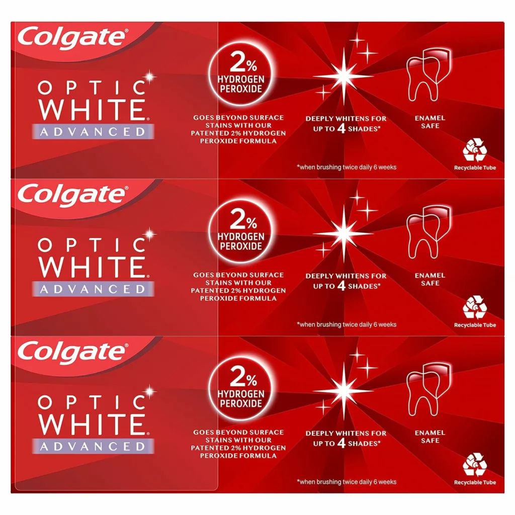 Colgate Optic White Advanced Teeth Whitening Toothpaste, 2% Hydrogen Peroxide Toothpaste, Sparkling White, 3.2 Oz, 3 Pack