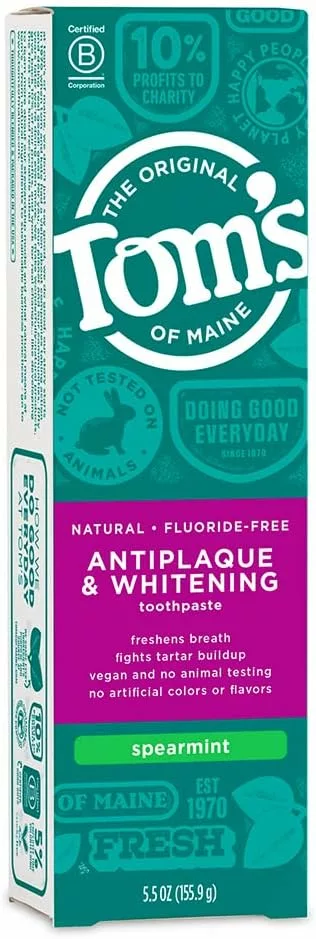 Toms of Maine Fluoride-Free Antiplaque  Whitening Natural Toothpaste, Peppermint, 5.5 oz. 2-Pack (Packaging May Vary)