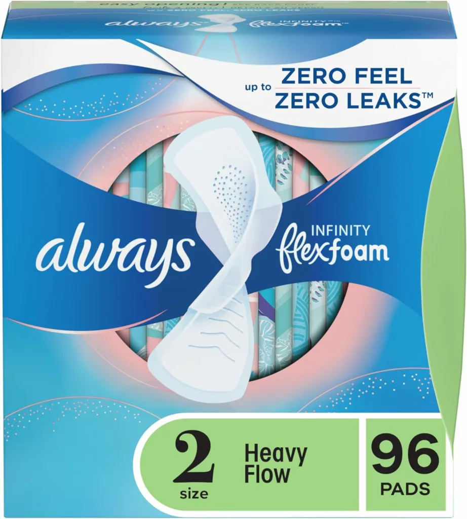 Always Infinity Feminine Pads For Women, Size 2 Heavy Flow Absorbency, Multipack, With Flexfoam, With Wings, Unscented, 32 Count x 3 Packs (96 Count total)