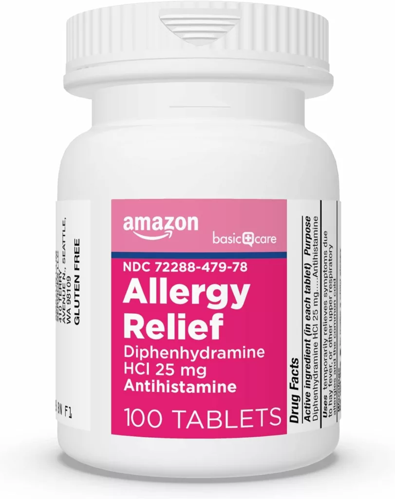 Amazon Basic Care Allergy Relief Diphenhydramine HCl 25 mg, Antihistamine Tablets for Symptoms Due to Hay Fever and Upper Respiratory Allergies, 100 Count