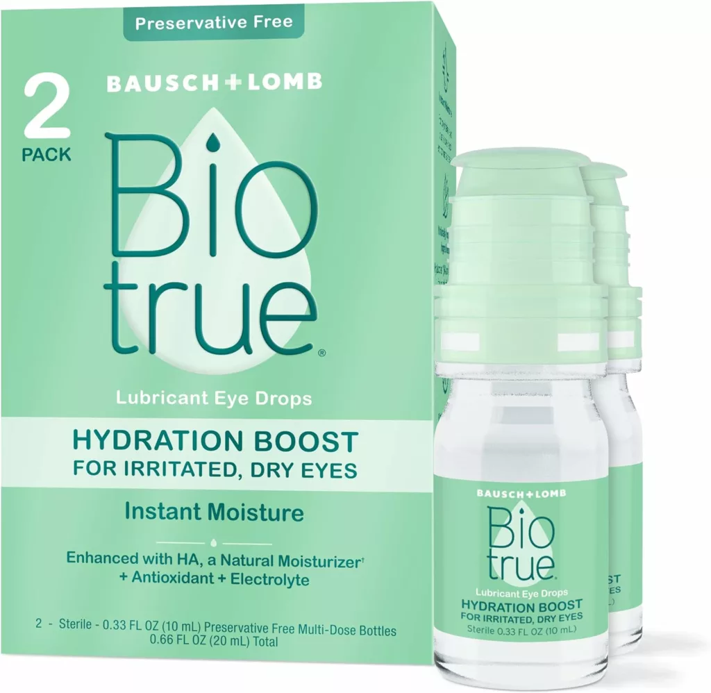 Biotrue Hydration Boost Drops, Soft Contact Lens Friendly for Irritated and Dry Eyes from Bausch + Lomb, Preservative Free, Naturally Inspired, 0.33 FL OZ (10 mL), Pack of 2