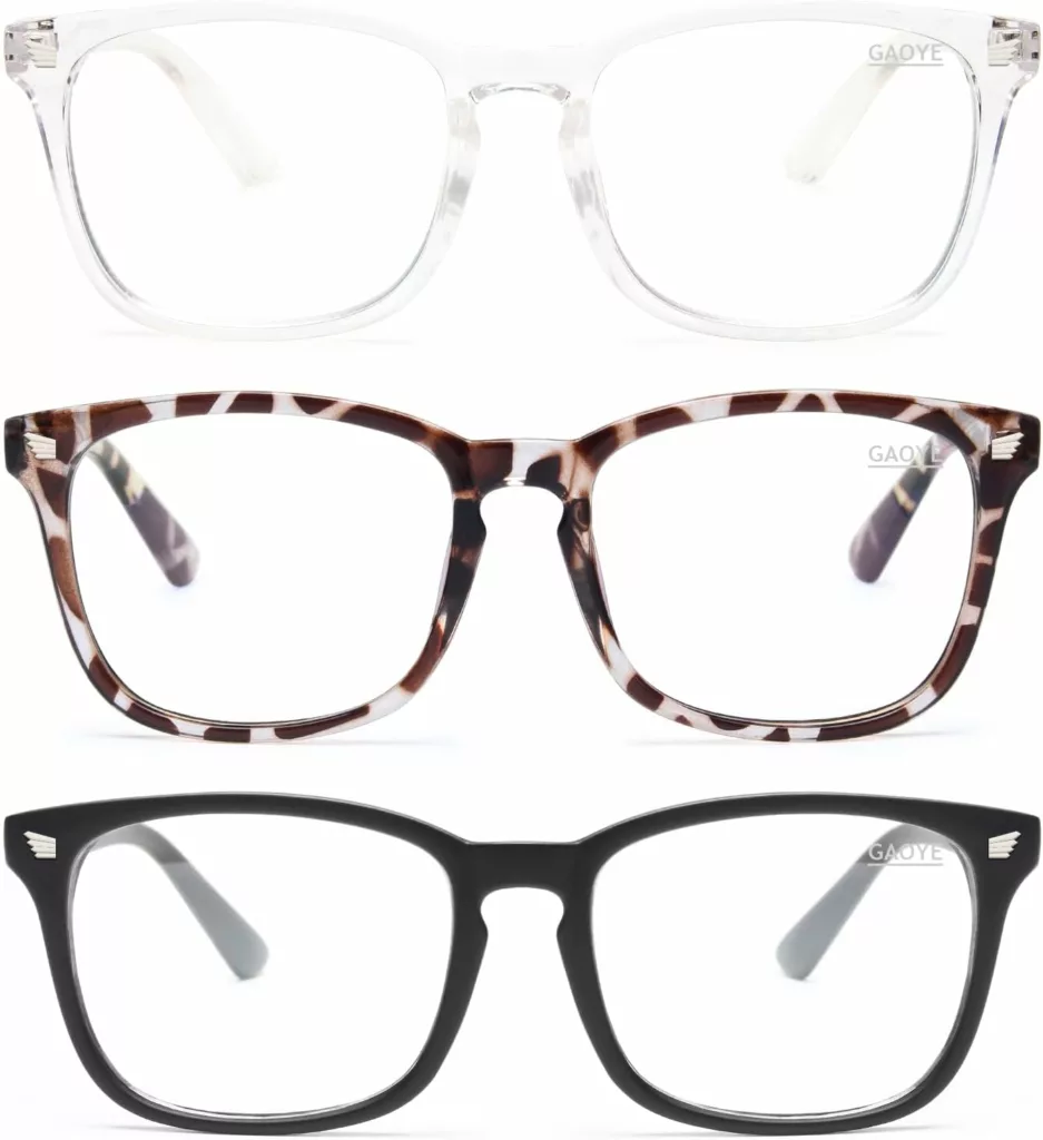 Gaoye Blue Light Blocking Glasses - 3 Pack Fashion Square Fake Eyeglasses, Anti UV Ray Computer Gaming Glasses, Blue Blockers Glasses for Women/Men, Matte Black+Leopard+Transparent