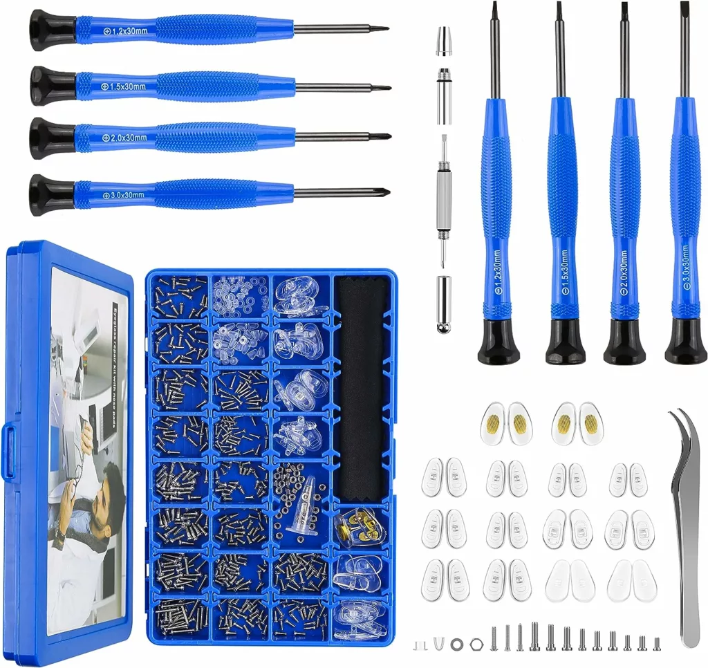 Upgrade Version Magnetic Eye Glass Repairing Kit, Eyeglass Repair Tool Kit with Compact Screw Box Include Nose Pads, Precision Screwdriver Set, Screws, Tweezer for Eyeglass, Sunglass, Spectacles Watch